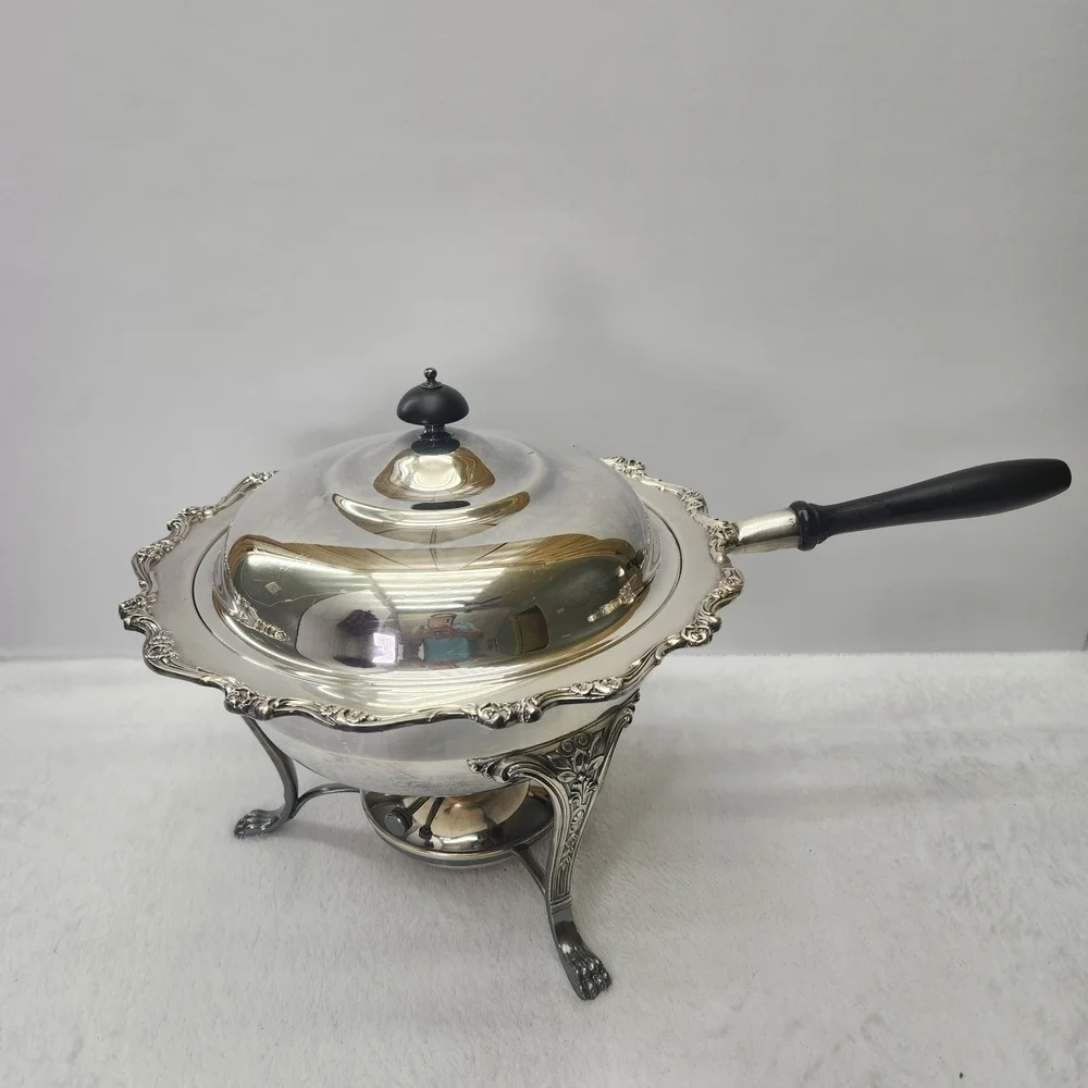 Vtg Elegant Silver Chafing Dish with Black Handle Used To Keep The Food Warm.